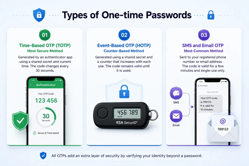 Types of One-Time Passwords including TOTP, HOTP, SMS OTP, and Email OTP methods for secure user authentication in 2026.
